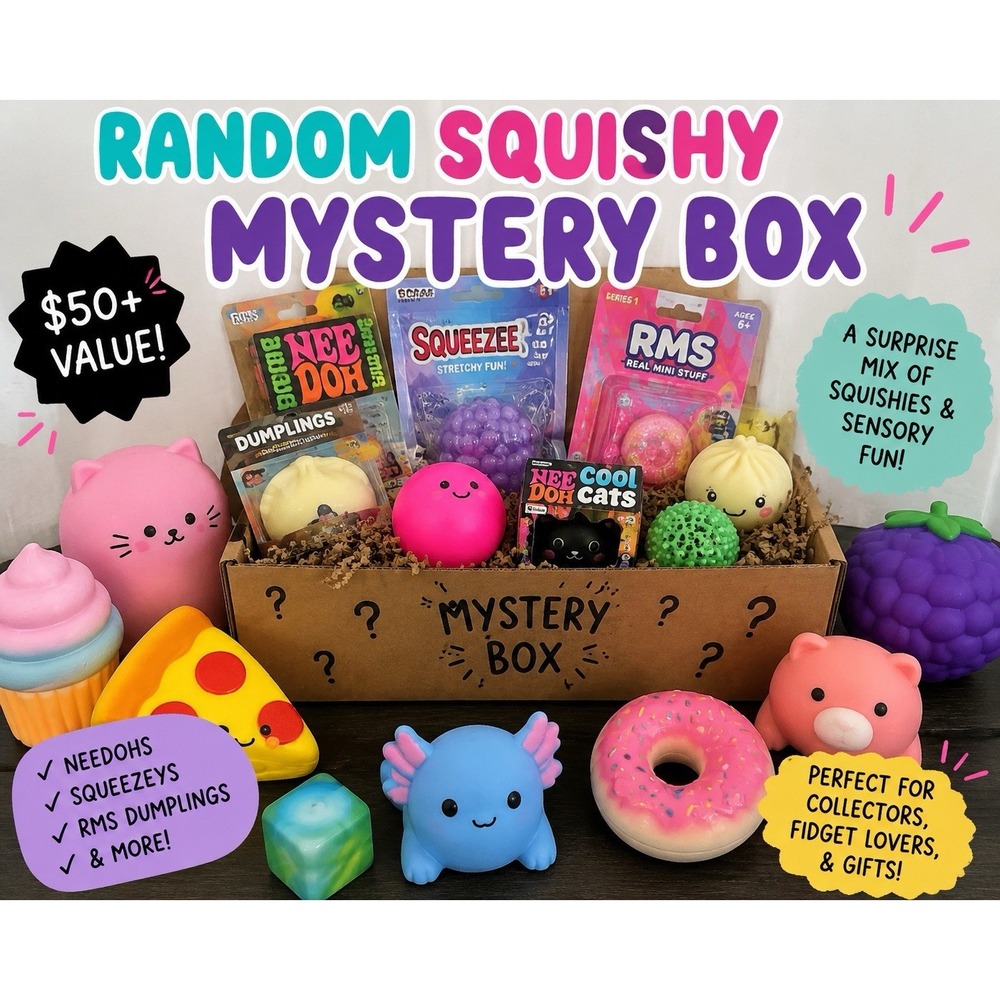 Random Squishy Myster y Box | NeeDoh Squeezee RMS Dumplings Sensory Toy Bundle